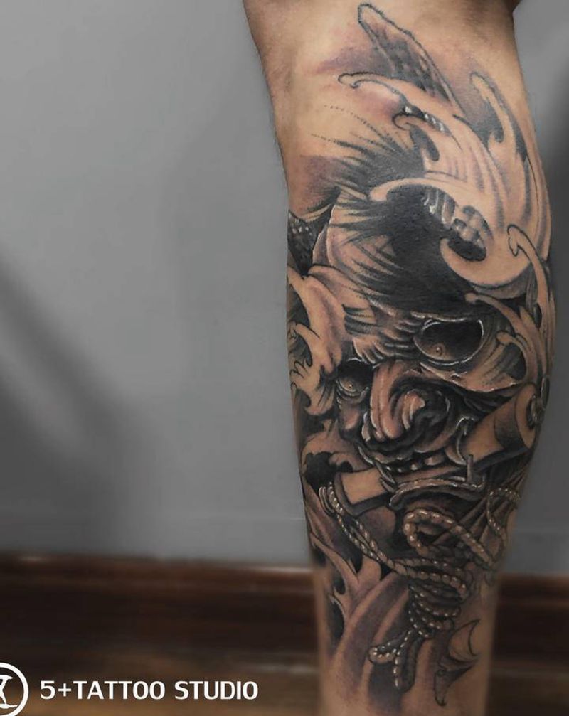 社会般若纹身图片_腿部新传统纹身图案