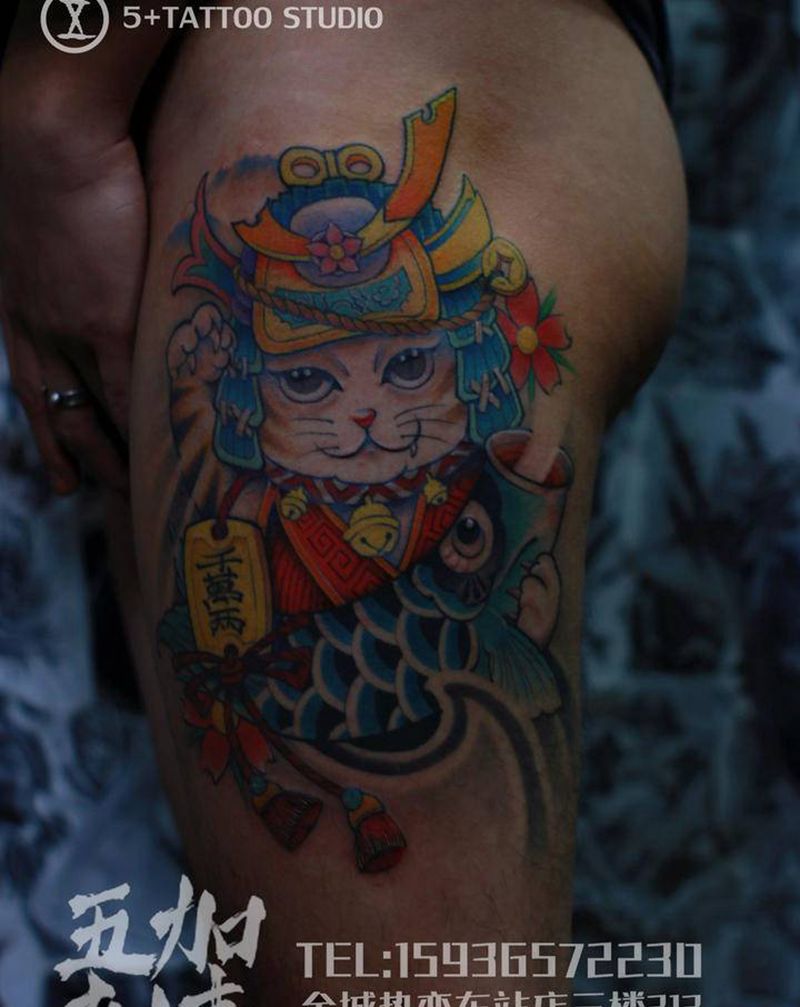 招财猫纹身图片_腿部New School新传统纹身图案