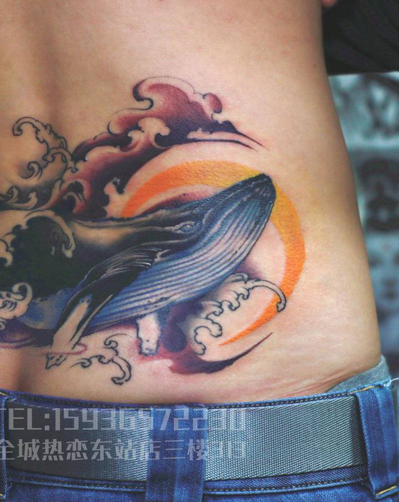 鲸鱼遮盖纹身图片_腰部New School新传统纹身图案