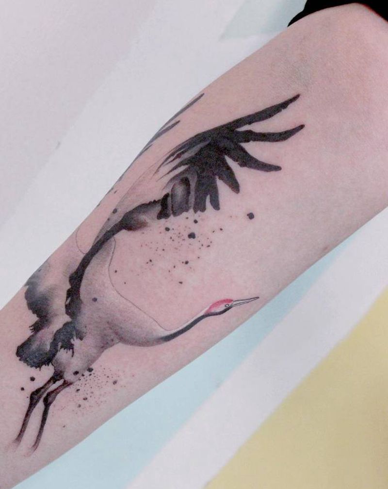 水墨仙鹤纹身图片_手臂水墨纹身图案