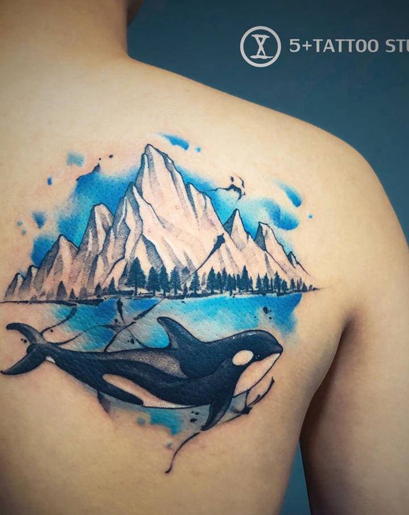 山与鱼纹身图片_肩部背部New School水彩纹身图案