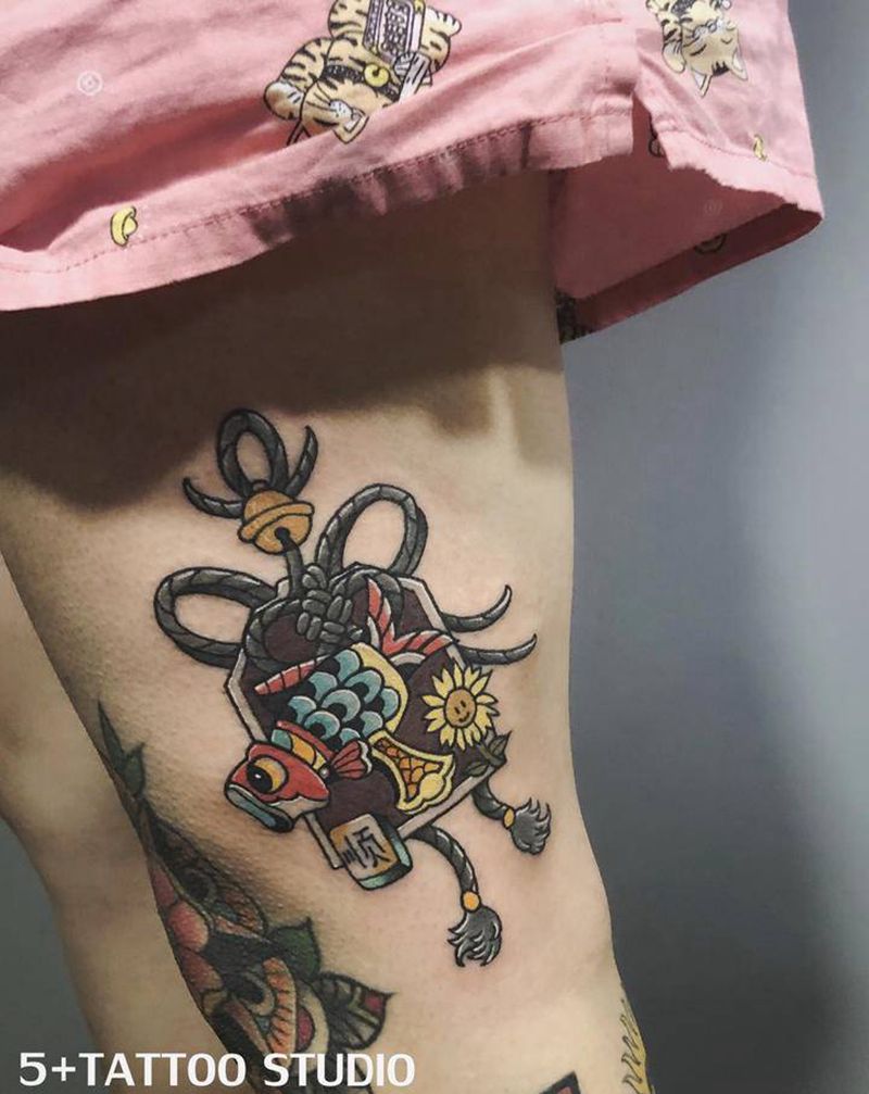 小猫钓鱼纹身图片_腿部New School纹身图案