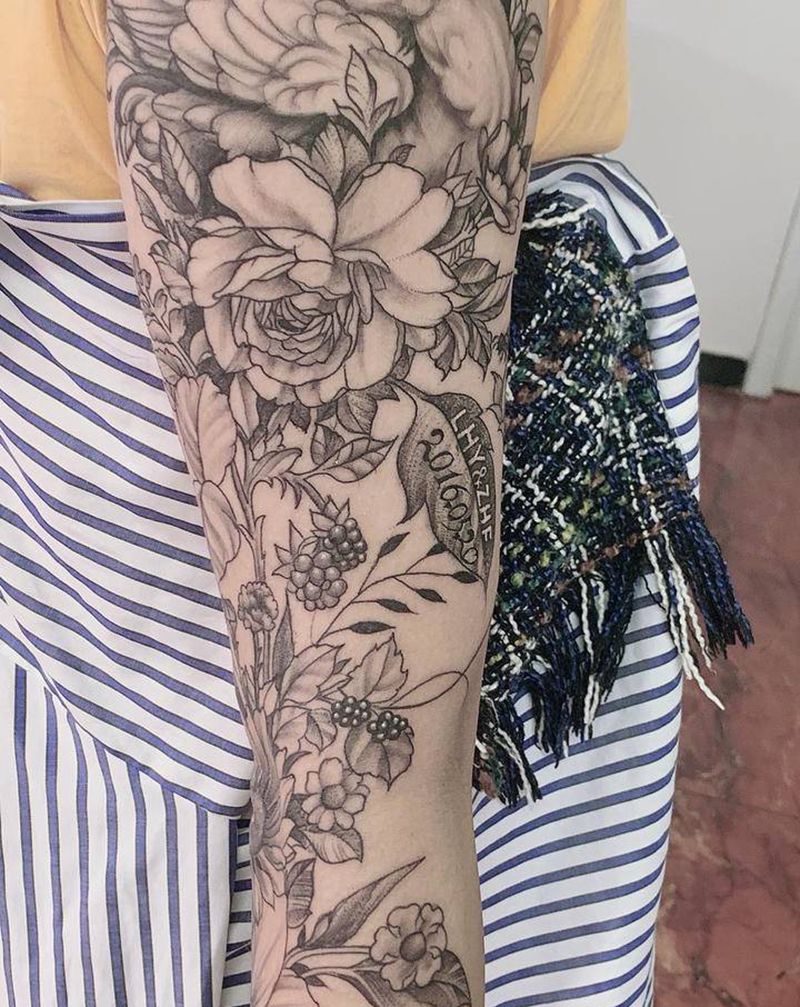 素花  花臂喜纹身图片_新传统纹身图案