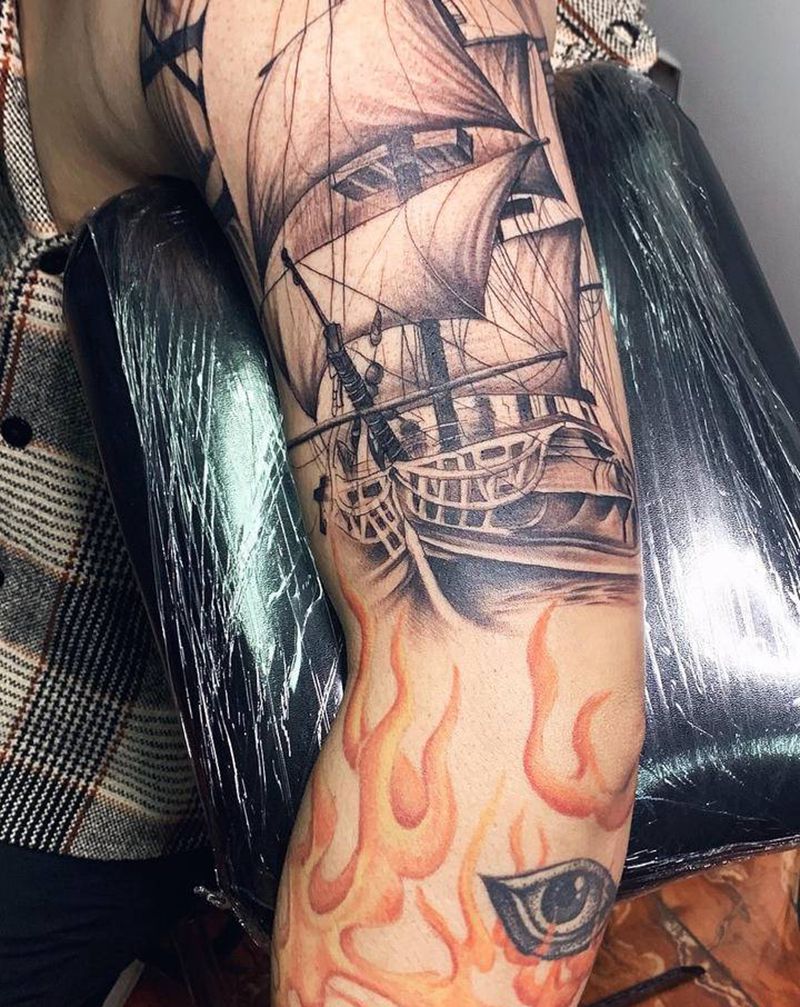 帆船纹身图片_新传统纹身图案