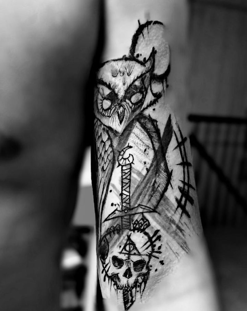 喵头鹰纹身图片_手臂几何水墨纹身图案