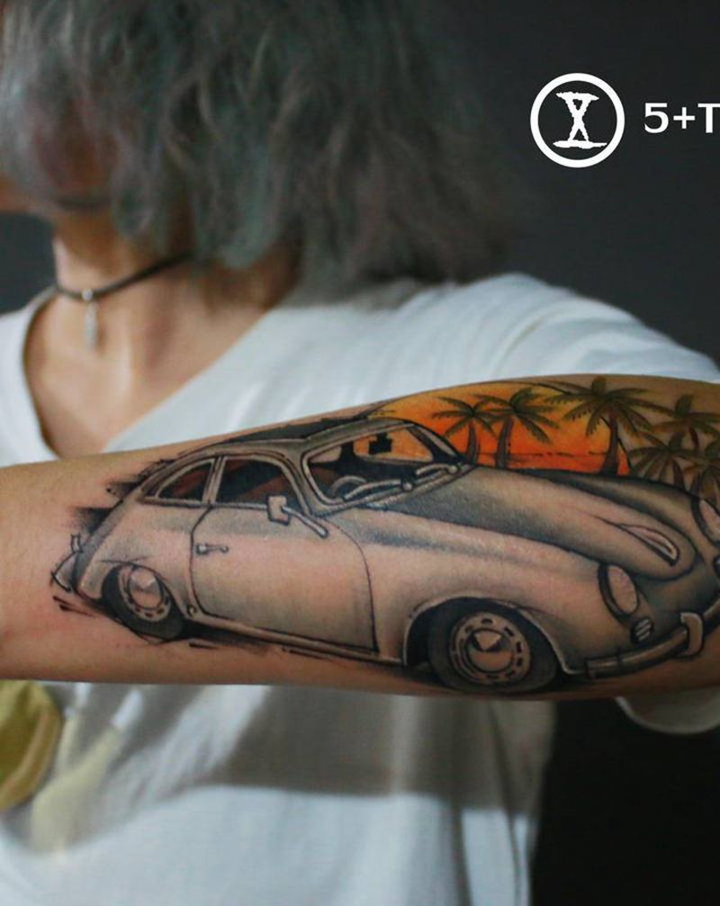 老爷车纹身图片_手臂New School纹身图案