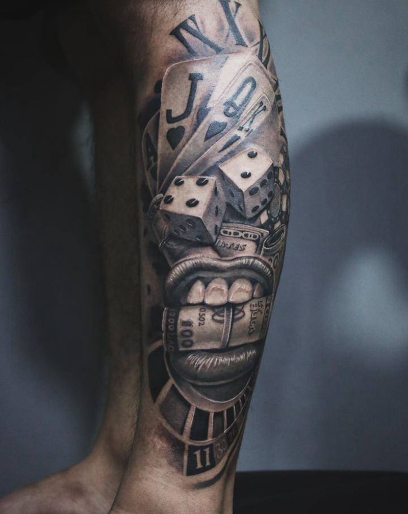 物欲横流纹身图片_腿部欧美写实纹身图案