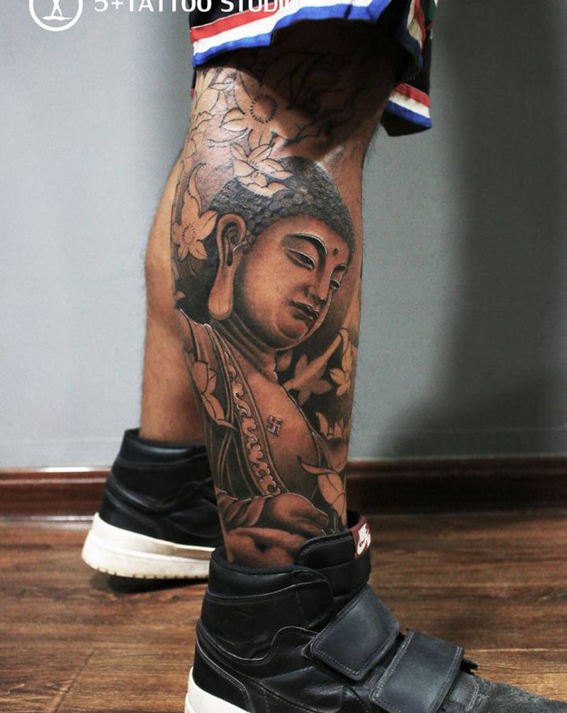 粗壮有力纹身图片_腿部新传统纹身图案