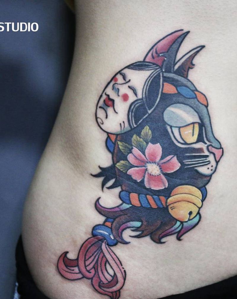 黑猫警长遮盖纹身图片_腹部New School纹身图案