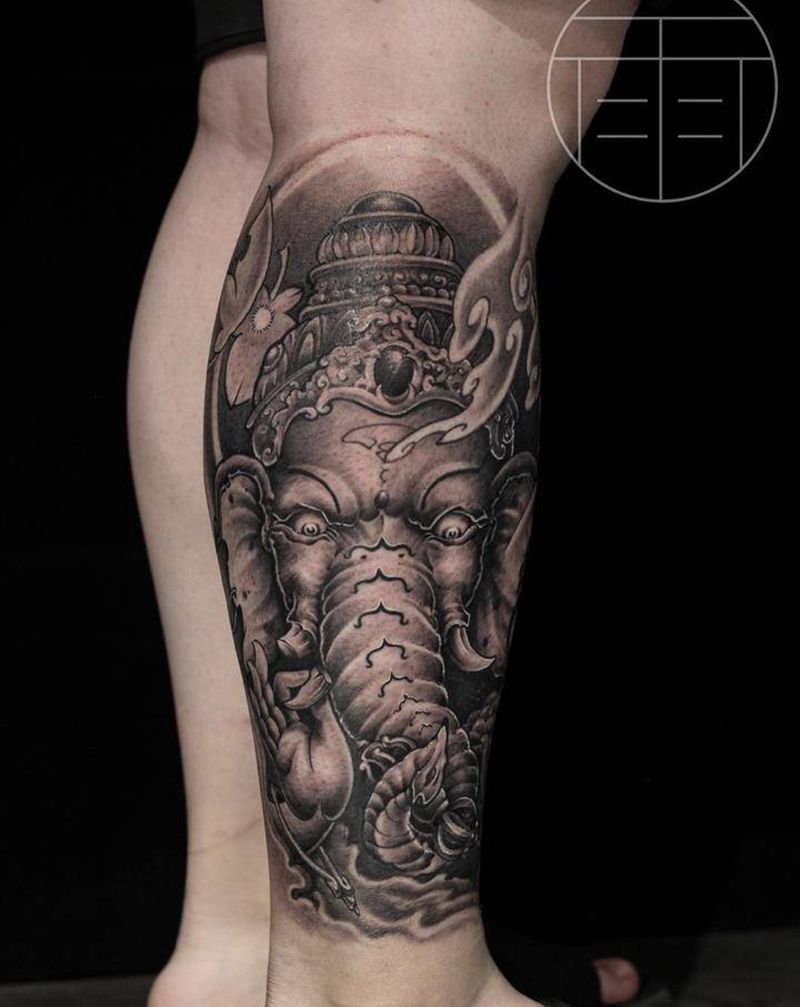 象神—彪师傅作品—雨刺青出品纹身图片_腿部新传统象神纹身图案
