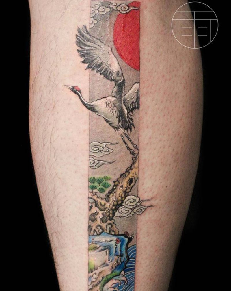 长裱方章纹身图片_腿部新传统水墨纹身图案