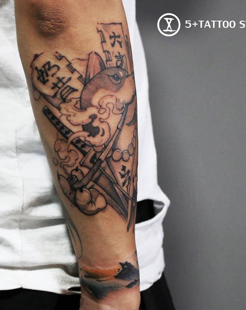 犬神纹身图片_手臂点刺纹身图案