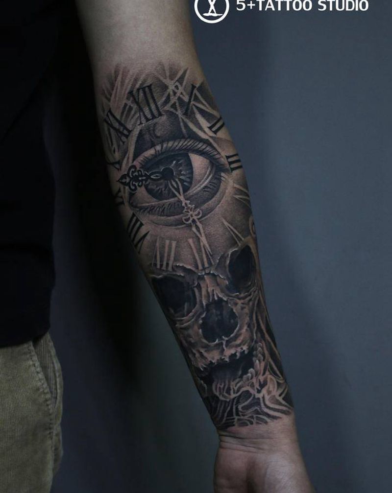 骷髅纹身图片_手臂欧美写实点刺纹身图案