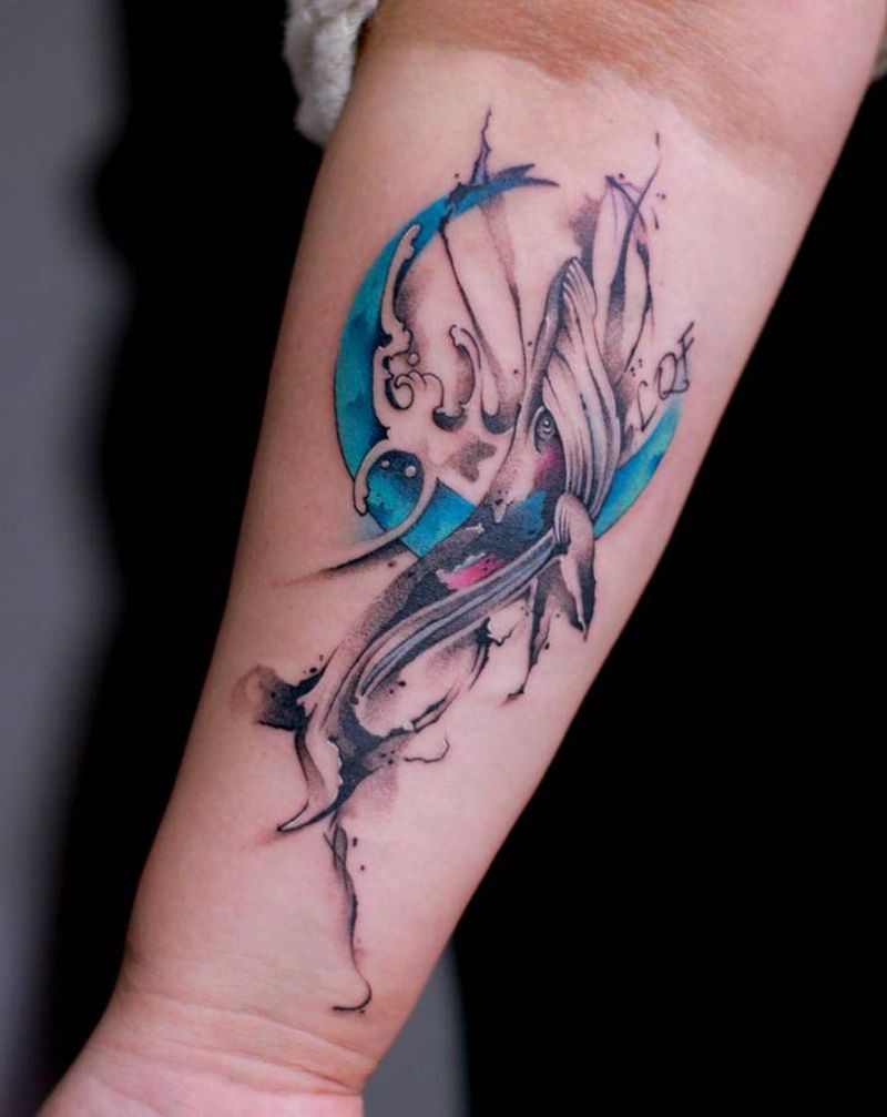 飞天鲸鱼纹身图片_手臂水彩水墨纹身图案