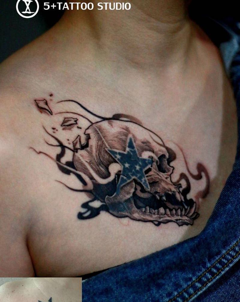 添加修改骷髅头纹身图片_胸部欧美写实纹身图案