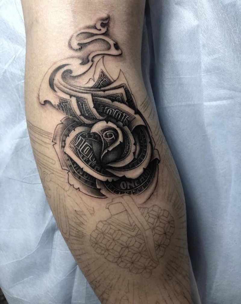 钞票 花纹身图片_手部腿部欧美写实New School玫瑰 花纹身图案