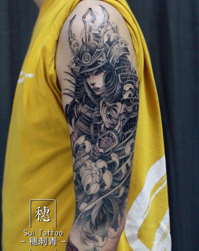 女武士纹身图片_手臂腿部新传统老传统武士艺伎花纹身图案