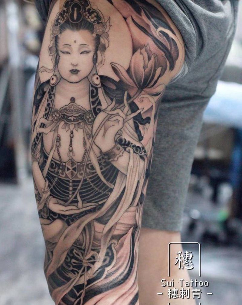 观音纹身图片_背部腿部老传统新传统佛观音纹身图案