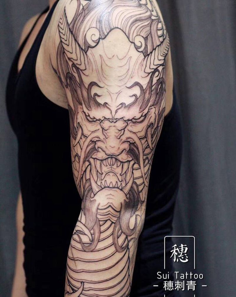 龙纹身图片_手臂腿部新传统老传统龙花臂纹身图案