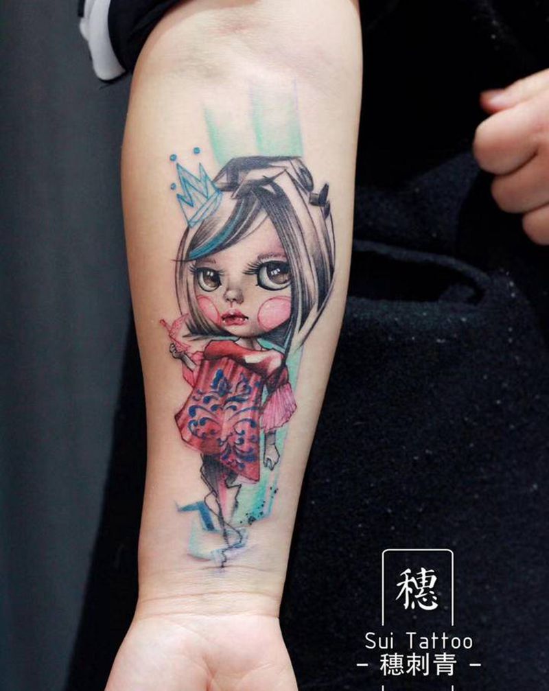 娃娃 女孩纹身图片_手臂腿部New School水彩娃娃女孩可爱纹身图案