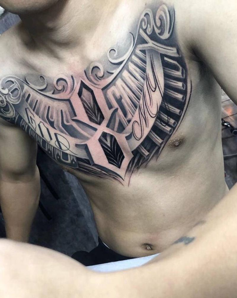 花体英文纹身图片_背部胸部欧美写实New School花体英文英文纹身图案