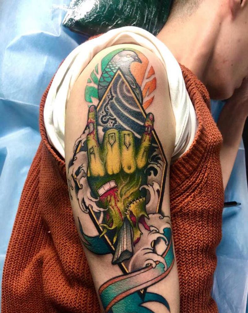 鸽子 摇滚手纹身图片_手臂腿部New School水彩鸽子摇滚手纹身图案