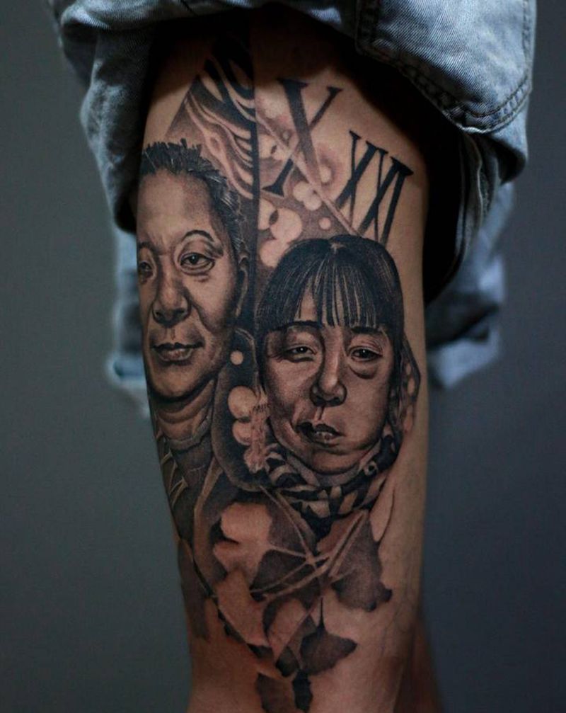 父母恩情纹身图片_腿部欧美写实点刺纹身图案