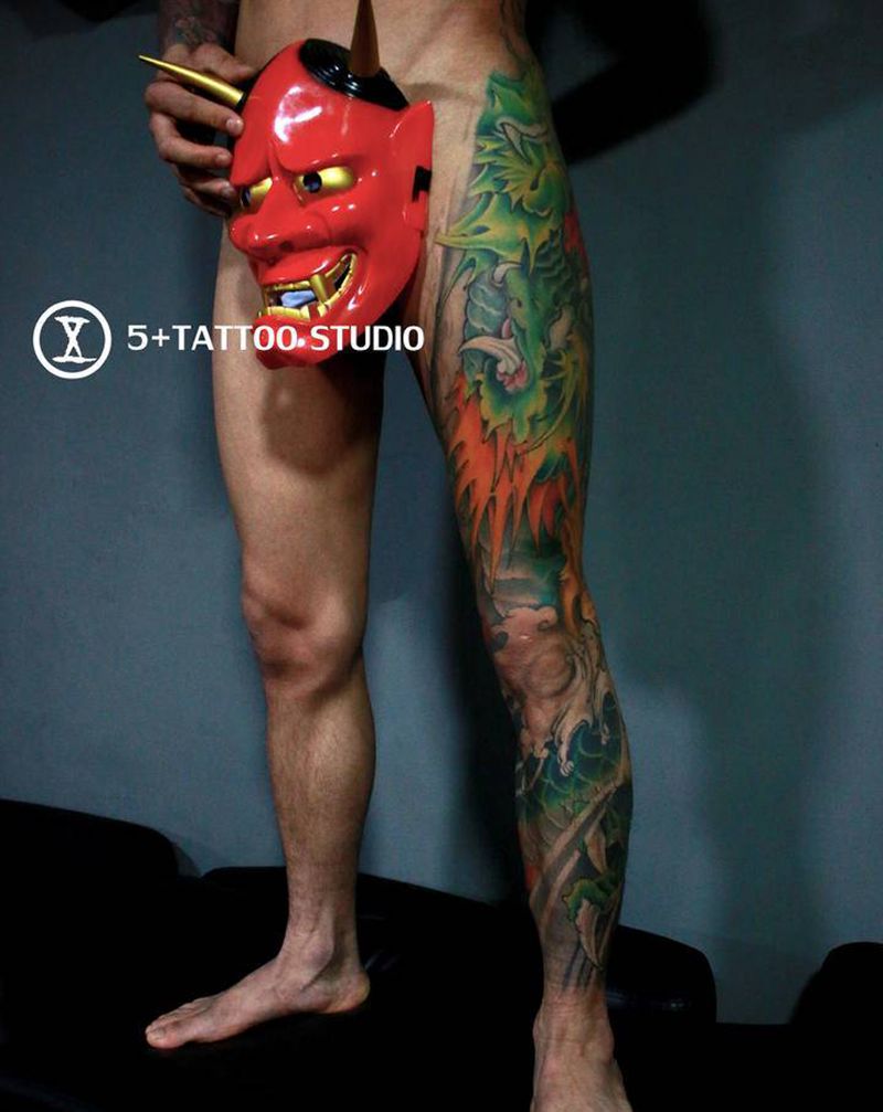 我是一条小青龙纹身图片_腿部新传统纹身图案