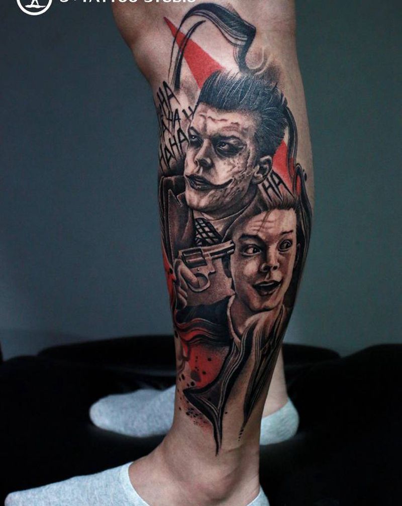 小丑纹身图片_腿部欧美写实纹身图案