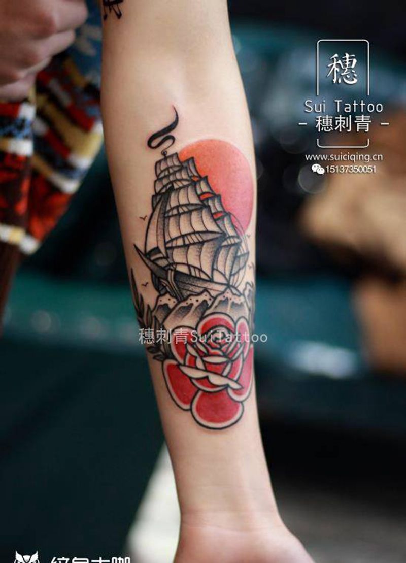 School帆船纹身图片_手臂Old School纹身图案