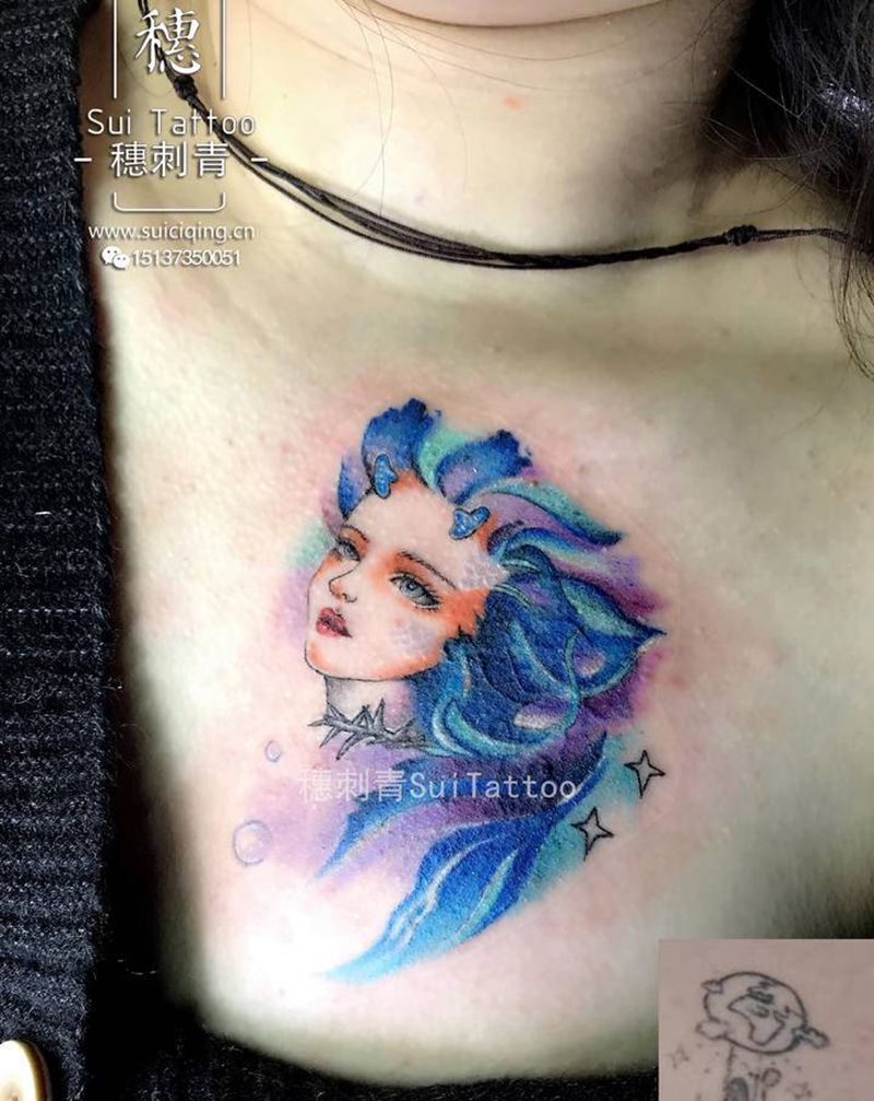 小龙女美人鱼纹身图片_胸部水彩纹身图案