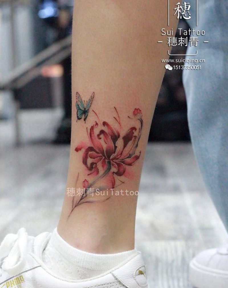彼岸花纹身图片_腿部小清新纹身图案