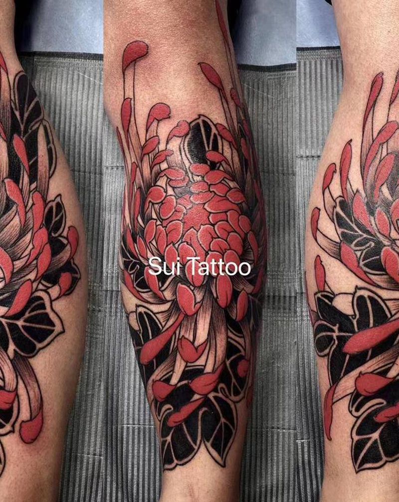 菊发纹身图片_腿部老传统纹身图案