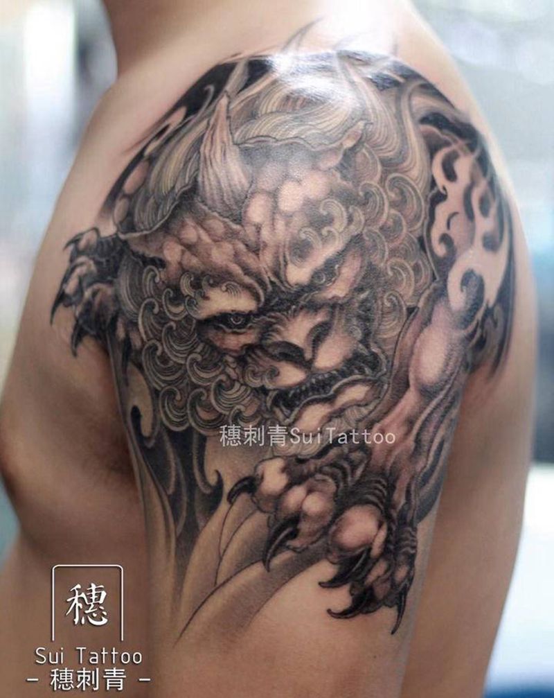 唐狮子纹身图片_手臂新传统纹身图案