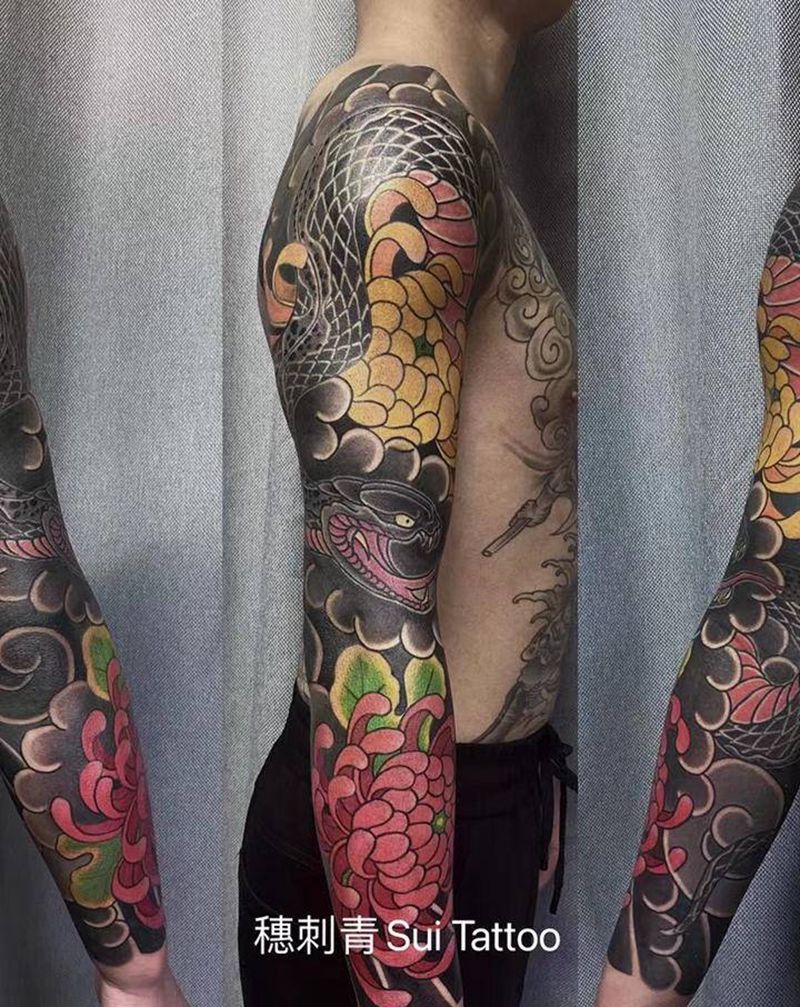 蛇花臂纹身图片_手臂老传统纹身图案