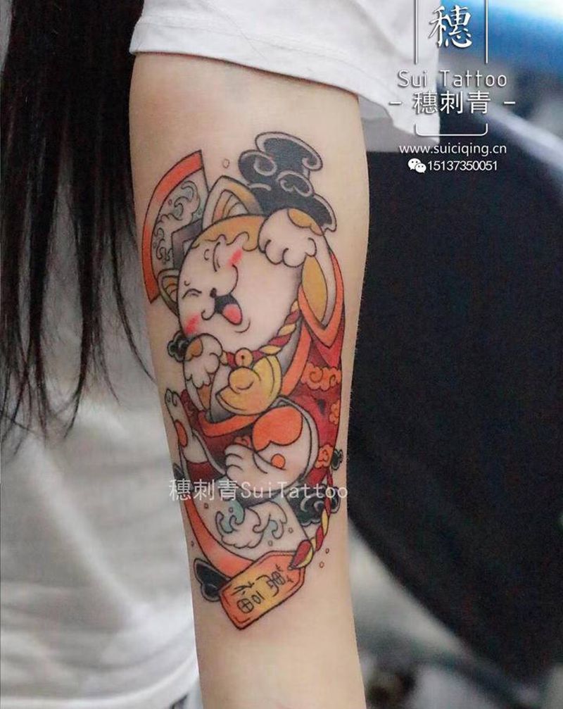 招财猫纹身图片_手臂New School纹身图案