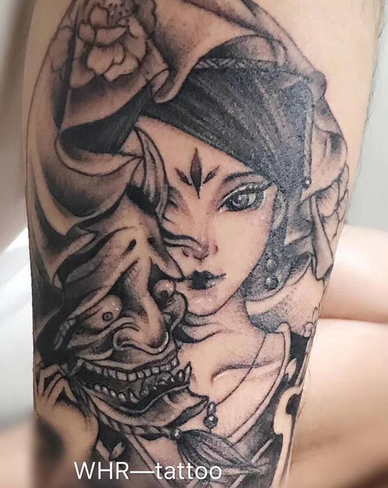 艺妓纹身图片_腿部新传统纹身图案