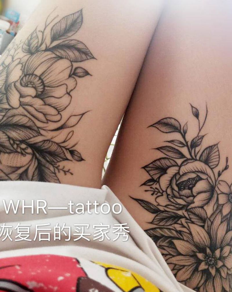 大腿素花纹身图片_腿部新传统纹身图案