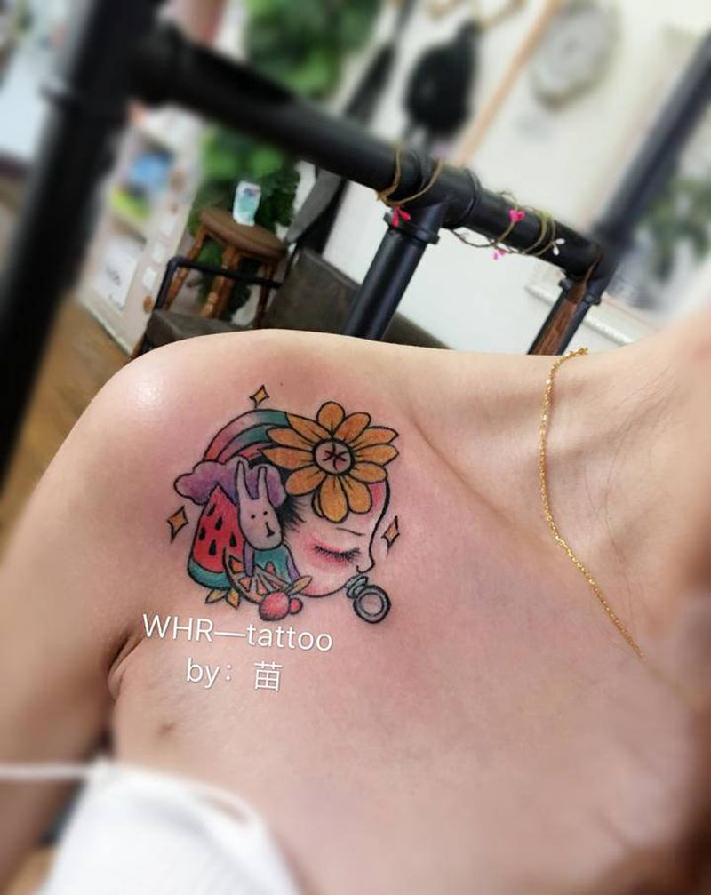 天使宝宝纹身图片_颈部肩部New School纹身图案