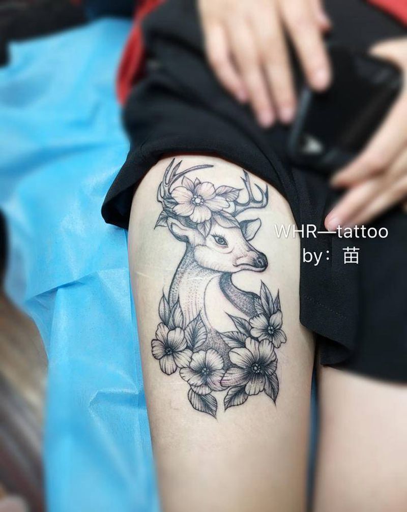 遮盖作业纹身图片_腿部点刺New School纹身图案