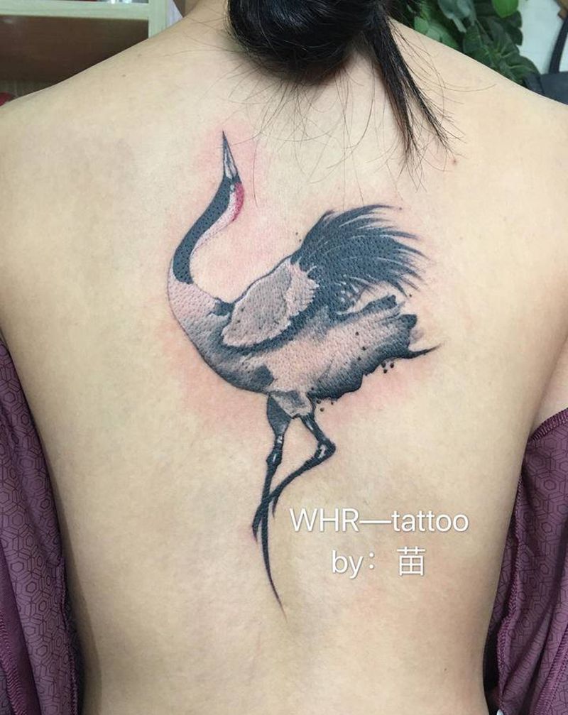 仙鹤纹身图片_背部水墨纹身图案