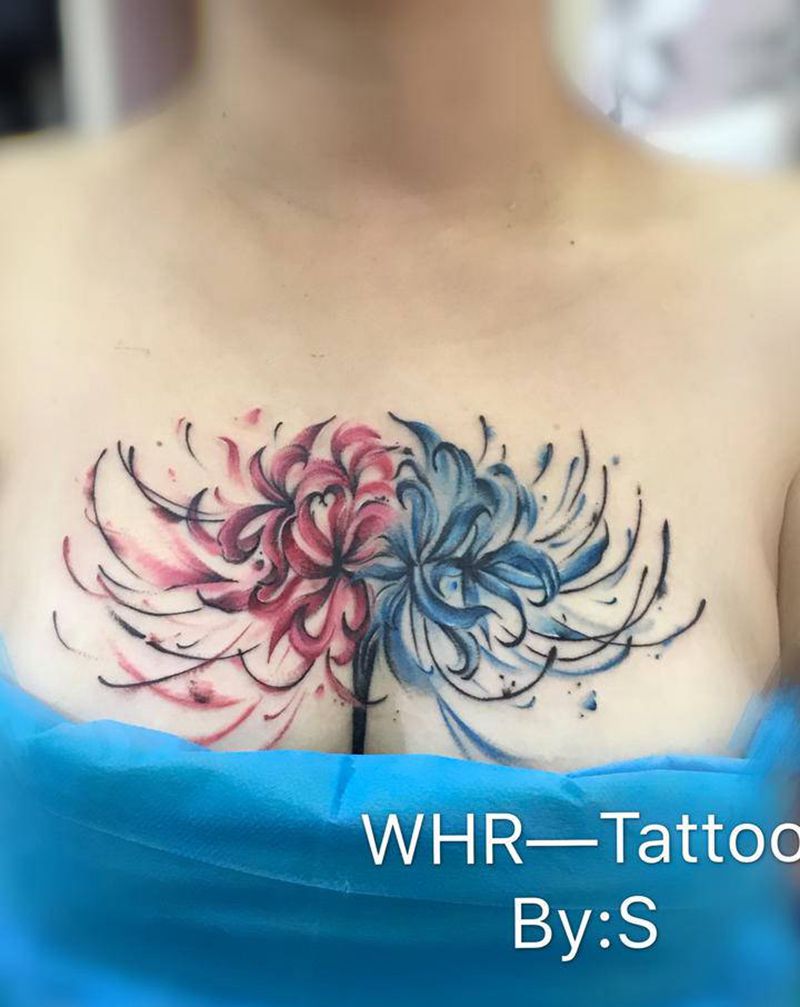 彼岸花纹身图片_胸部水彩纹身图案