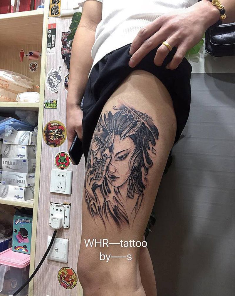 艺伎纹身图片_腿部新传统纹身图案