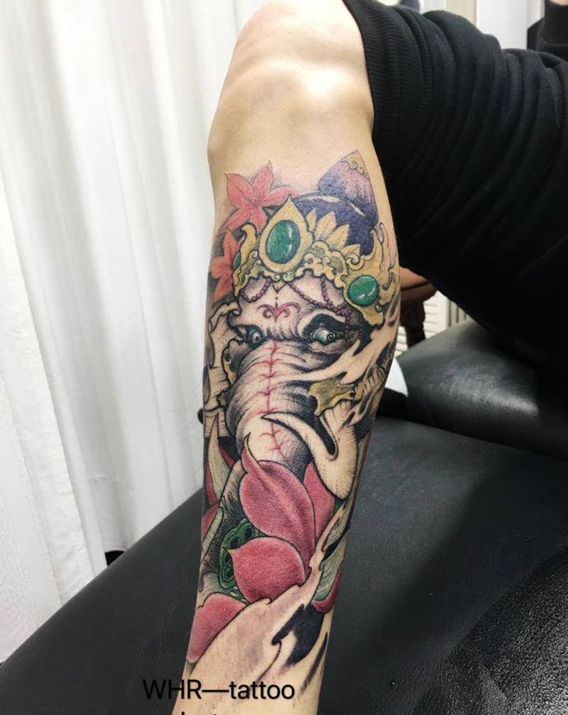 象神纹身图片_腿部新传统纹身图案