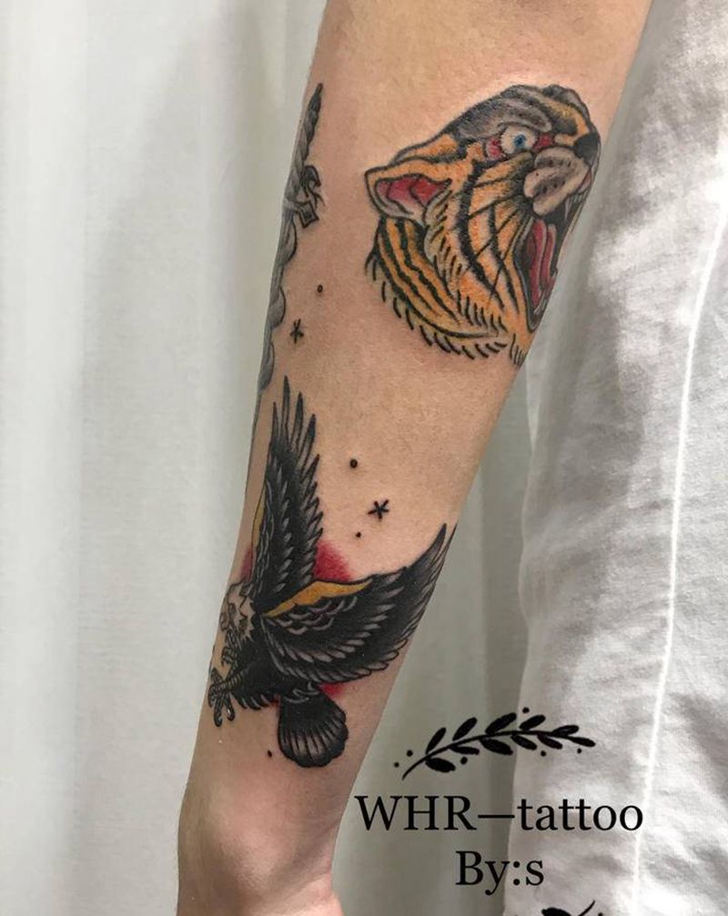 拼接小臂纹身图片_手臂Old School纹身图案