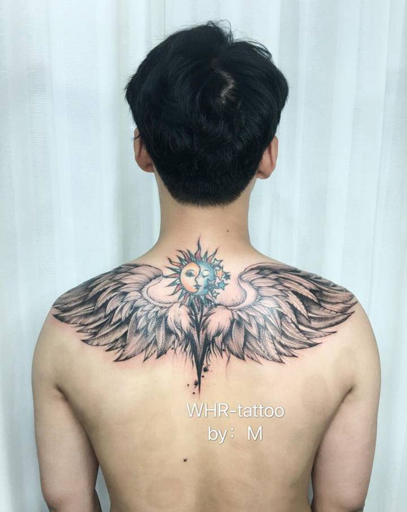 添加翅膀纹身图片_肩部背部新传统纹身图案
