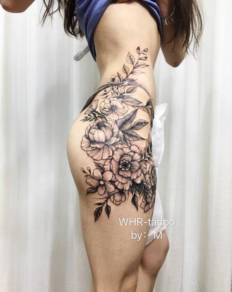 素花纹身图片_腿部臀部点刺几何纹身图案