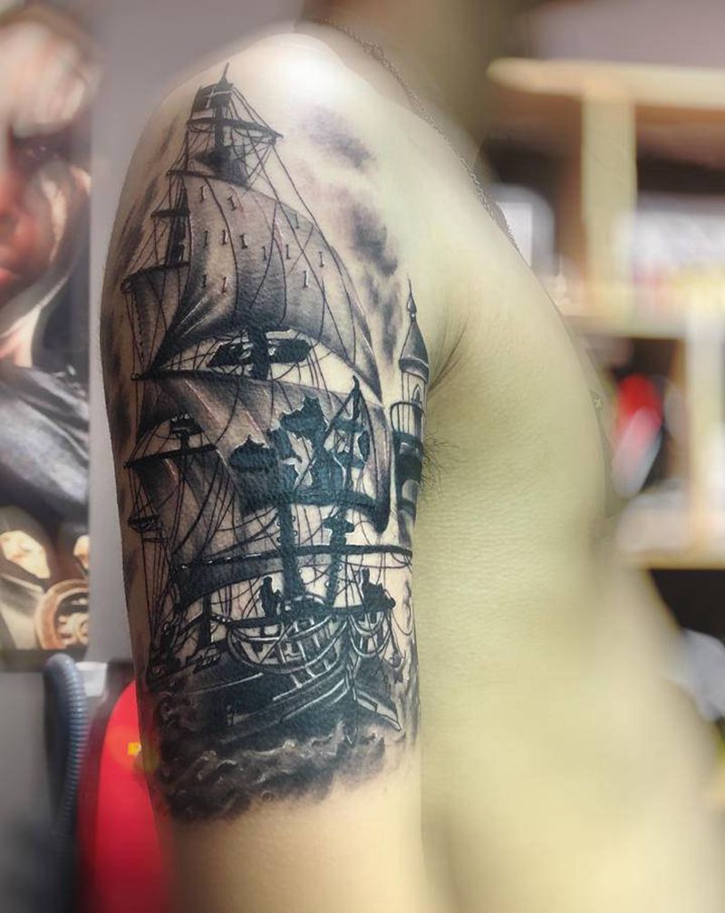 扬帆起航遮盖纹身图片_手臂欧美写实纹身图案