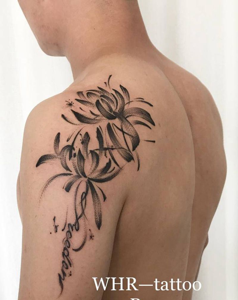 彼岸花纹身图片_肩部背部水墨点刺纹身图案