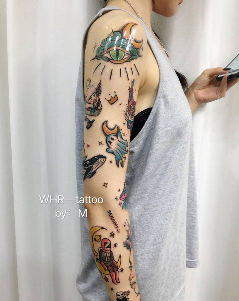 拼接花臂纹身图片_手臂Old School纹身图案